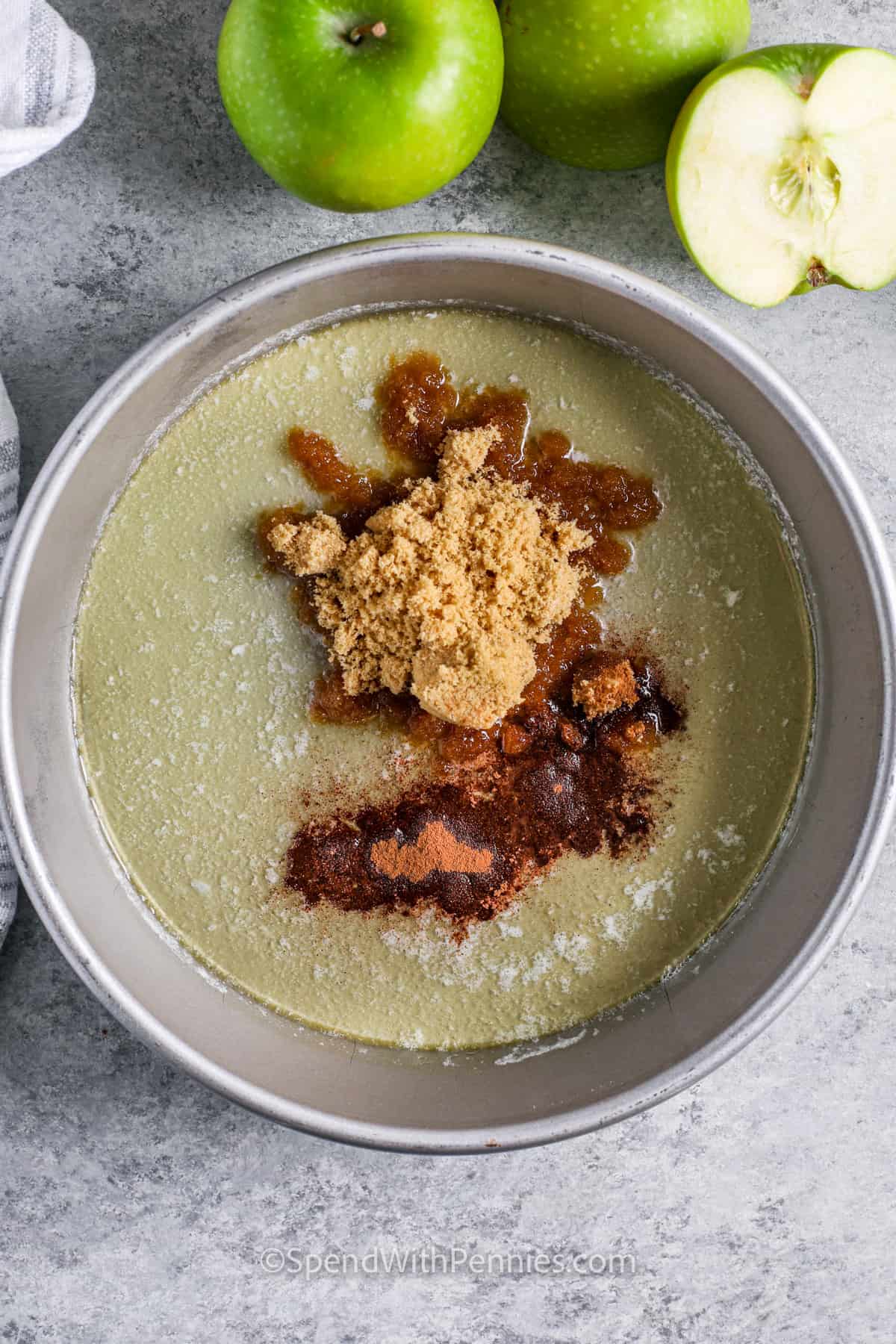 sugars and butter in pan to make Brown Sugar Apple Cake