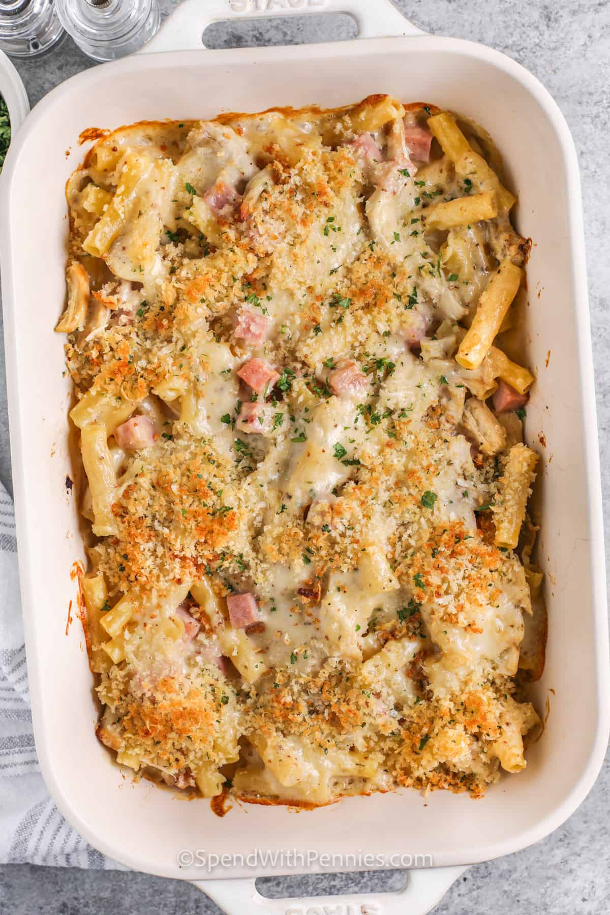 Chicken Cordon Bleu Casserole cooked in a dish