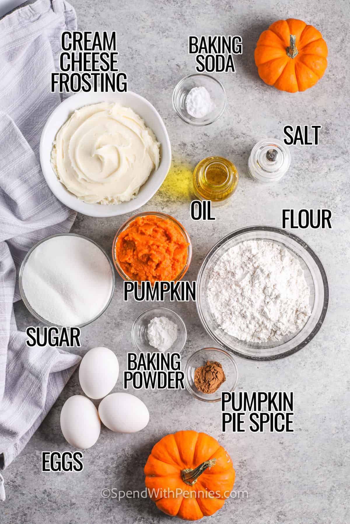 frosting , flour , pumpkin , sugar , eggs and spices to make Pumpkin Cake with labels