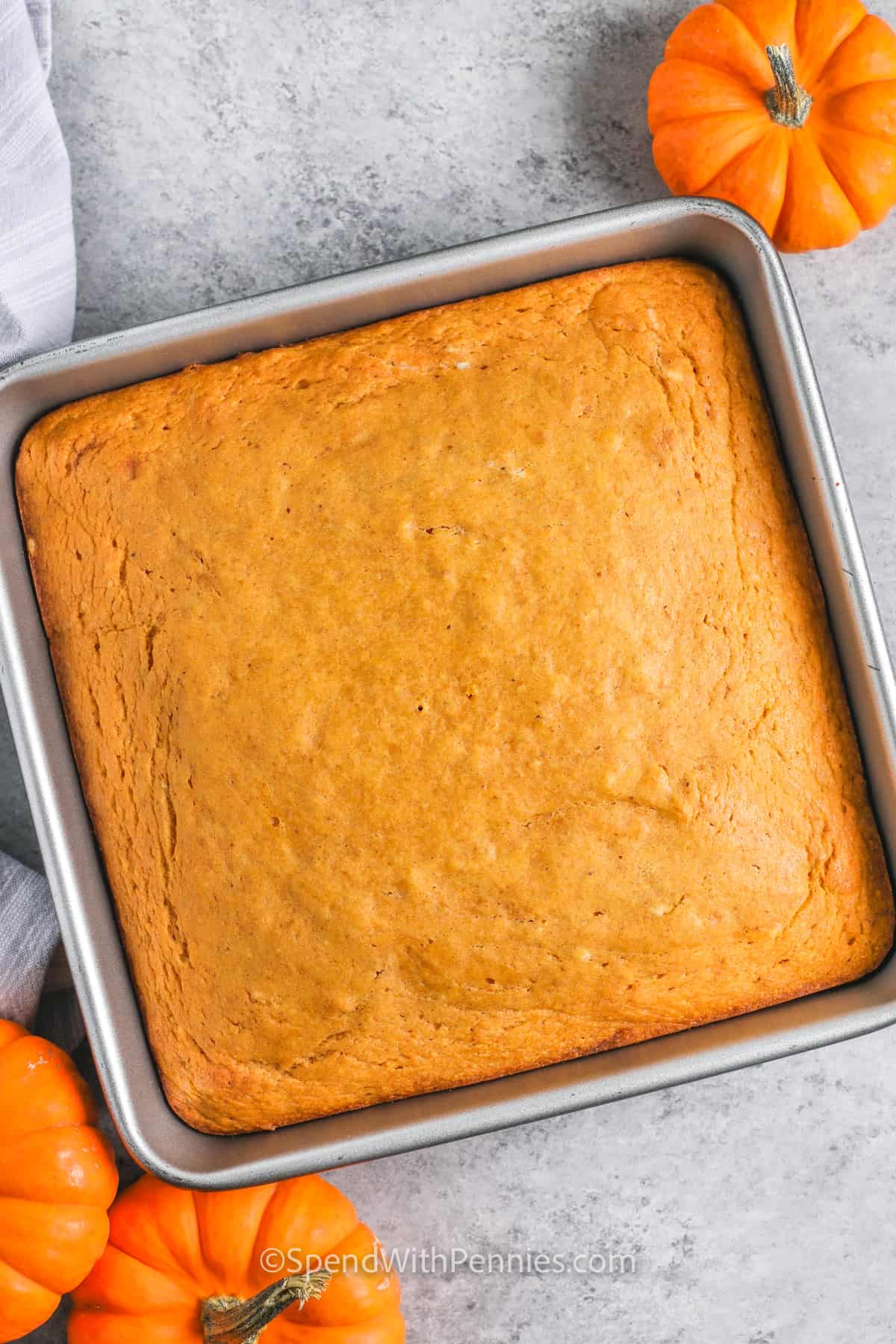 Try making this moist and soft pumpkin cake for dessert tonight. This recipe has the basic ingredients for a cake but includes some pumpkin pie spice and some canned pumpkin. Top it with some cream cheese frosting or eat it as is! #pumpkincake #pumpkincakerecipe #cakewithpumpkin #spendwithpennies baked Pumpkin Cake