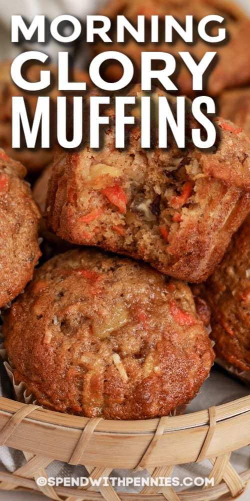 Everyone loves morning glory muffins, and for good reason! These hearty and healthy muffins make a perfect mid-morning snack or breakfast. They are loaded with applesauce, pineapple, nuts, grated carrot, and coconut, all mixed together in a sweet, cinnamon-spiced batter. Wholesome, delicious morning glory muffins are one of the most famous recipes ever! Make a big batch and freeze some for easy grab-and-go breakfasts #morningglorymuffinswithpineapple #morningglorymuffinsrecipe #morningglorymuffins #spendwithpennies morning glory muffins in a basket with text