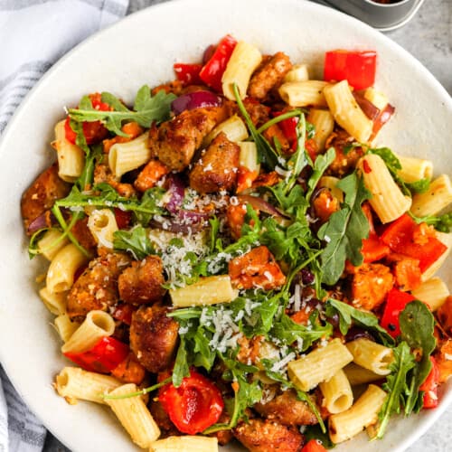 Overhead view of Sausage & Sweet Potato Pasta in a large bowl