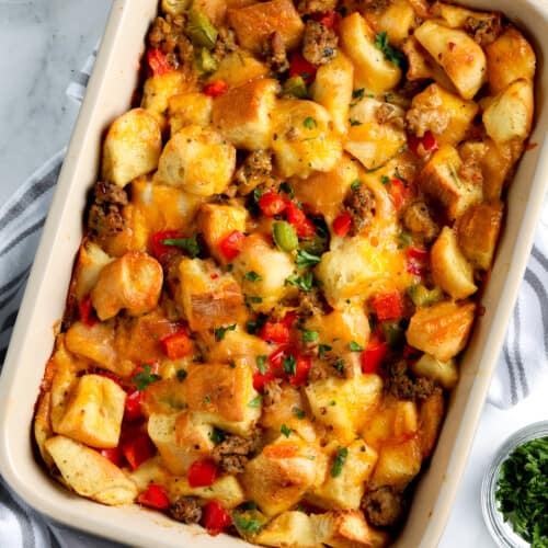 baked Sausage Cheddar Breakfast Strata in the dish