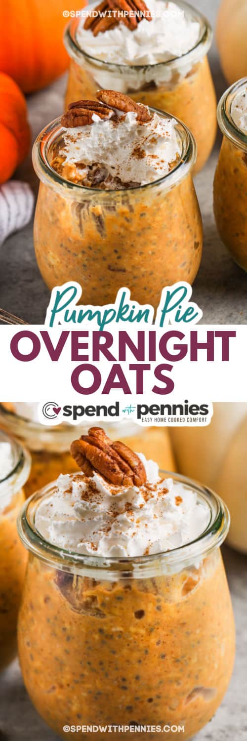 No cook pumpkin overnight oats make mornings nourishing and stress-free! Oat flakes, pumpkin puree, yogurt, sweeteners, and spices are mixed together and refrigerated overnight. By the time you wake up, breakfast is ready! Chopped pecans provide crunchy flavor and nutritious chia seeds make it thicken overnight. Make it the night before and portion out into small containers for grab-and-go breakfasts. #pumpkinovernightoats #spendwithpennies #healthyovernightpumpkinoatsrecipe #pumpkinovernightoatseasy Pumpkin Overnight Oats in jars and close up with writing