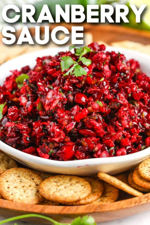 Tranbärssalsa är en snabb och enkel dipp med bara 7 ingredienser. Syrlig och söt med en kryddig finish, passar utmärkt till färskost och kan till och med blandas i en sallad! #spendwithpennies #tranbärssalsa #aptitretare #dipp Tranbärssalsa med en titel