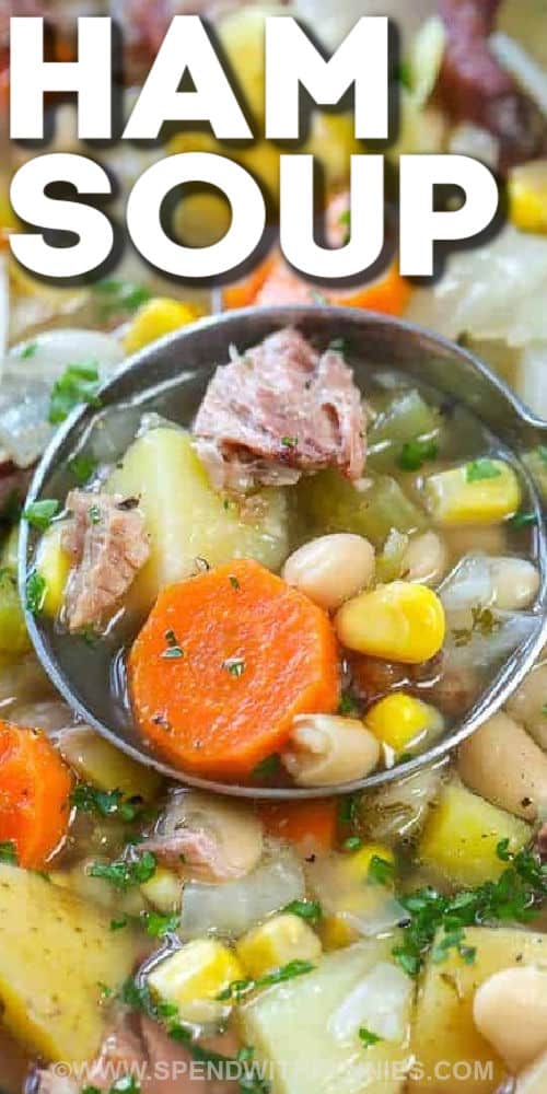This ham bone soup with beans is so simple to prepare. Leftover ham is reimagined as a slow cooker ham soup with fresh veggies and beans. It is perfect after the holidays! Just toss everything into the slow cooker and let it simmer away. Serve with your favorite biscuits or buns for a meal everyone will enjoy. #spendwithpennies #hambonesoup #slowcooker #leftoverham taking a spoonful of Ham Bone Soup out of the pot with writing