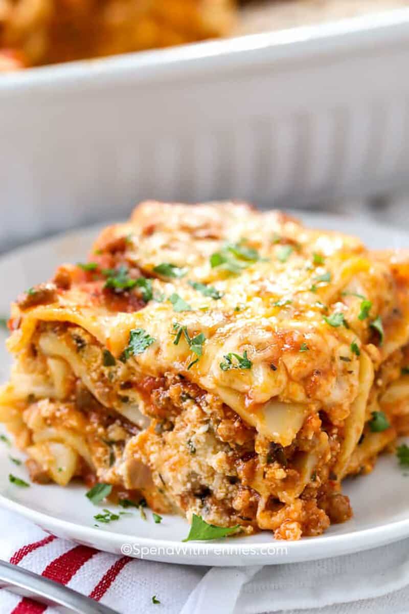 baked Easy Homemade Lasagna slice on a plate
