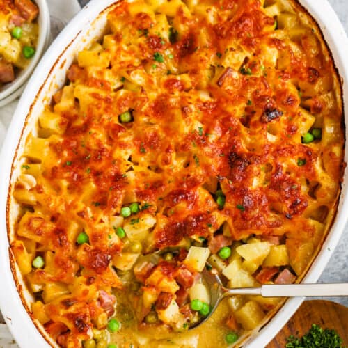 top view of cooked Cheesy Ham & Potato Casserole in the dish