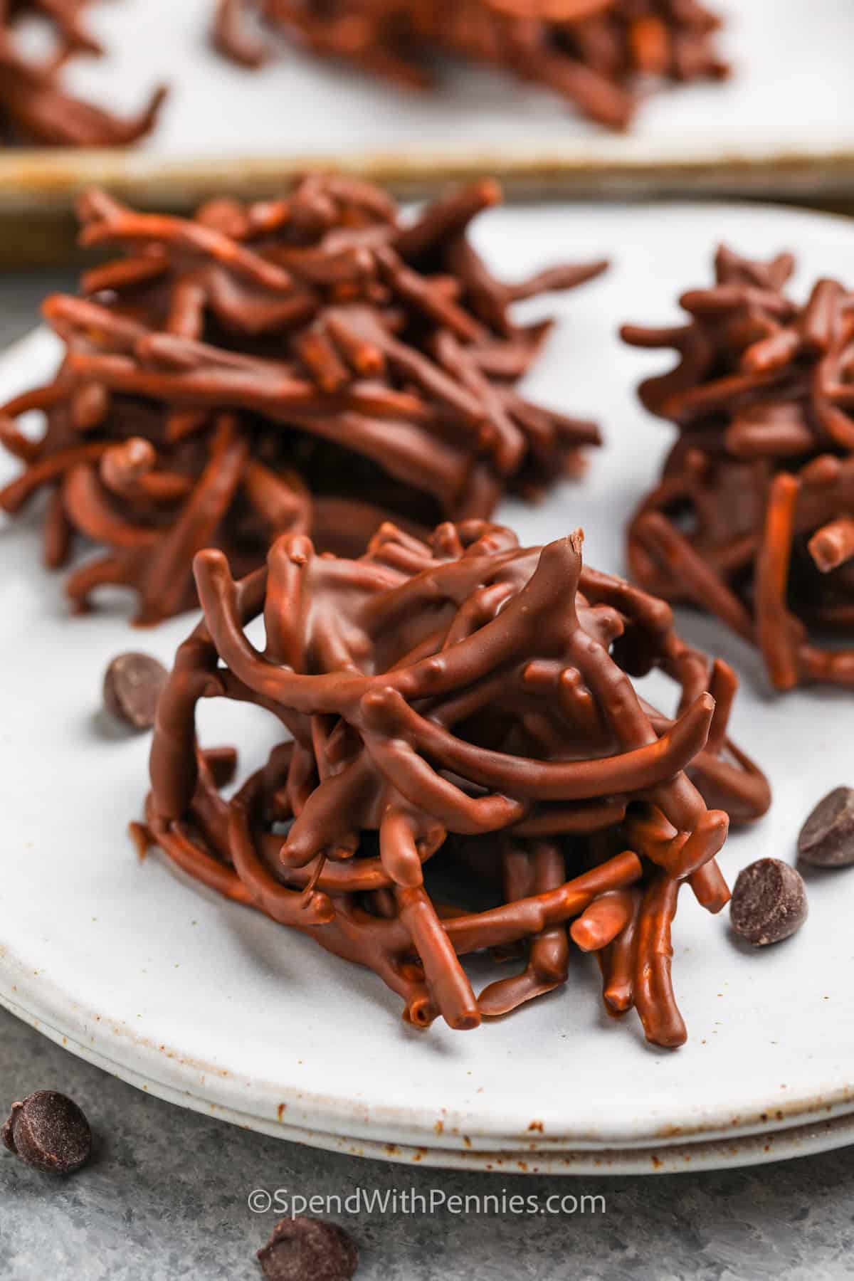 This easy 3 ingredients haystacks recipe is fun and easy to make in the microwave. Just melt some butterscotch and chocolate chips and mix in chow mein noodles for a sweet and crunchy treat that is perfect to decorate for Christmas, or to enjoy for a fun snack on movie night. Add-ins are easy to find, go for anything from shredded coconut to M&M candy, or mix in peanut butter or crushed oreo cookies. #haystacksrecipe #butterscotchchocolate #chowmeinnoodles #spendwithpennies close up of Haystacks on a plate
