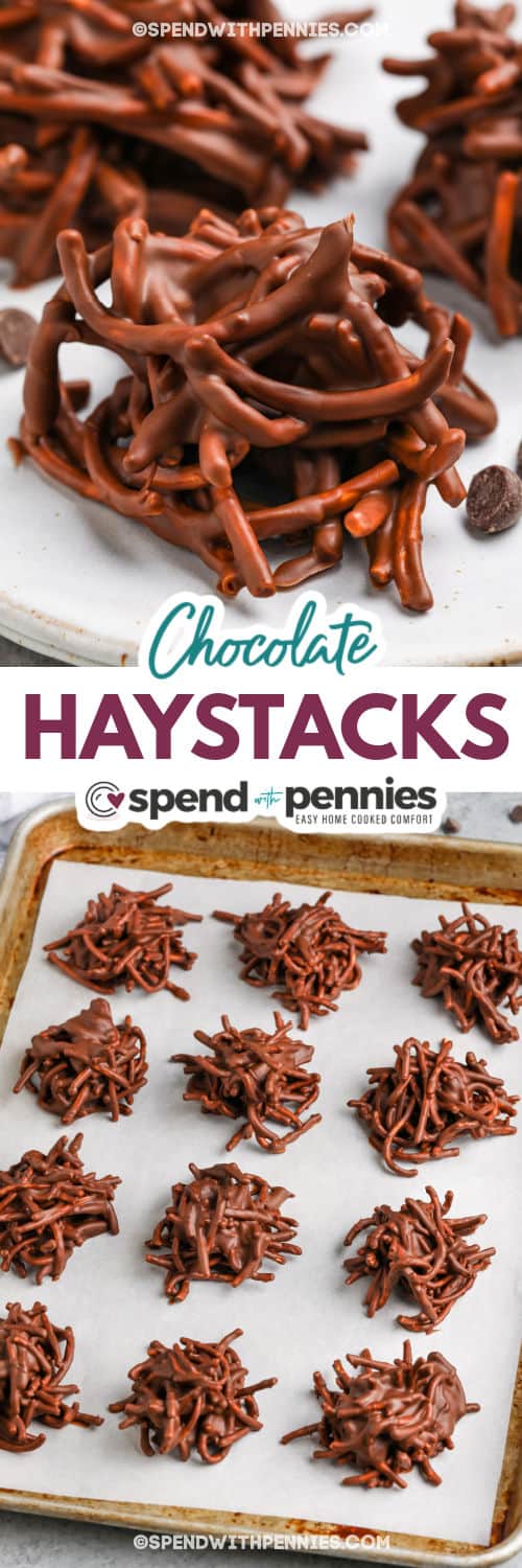 Quick and easy cookies like this haystacks recipe make it fun to create holiday treats with no effort or stress. 3 simple ingredients and a microwave are all that's needed for this tasty and crunchy treat. These are ready to enjoy in no time, and no baking is required, just chill and enjoy straight out of the freezer or refrigerator. Decorate as desired! #haystacksrecipe #butterscotchchocolate #chowmeinnoodles #spendwithpennies Haystacks on a sheet pan and close up with a title