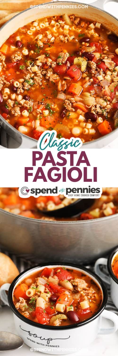 Pasta Fagioli in a pan, plated with letters