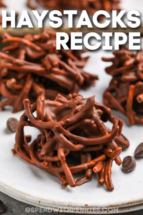 This easy 3 ingredients haystacks recipe is fun and easy to make in the microwave. Just melt some butterscotch and chocolate chips and mix in chow mein noodles for a sweet and crunchy treat that is perfect to decorate for Christmas, or to enjoy for a fun snack on movie night. Add-ins are easy to find, go for anything from shredded coconut to M&M candy, or mix in peanut butter or crushed oreo cookies. #haystacksrecipe #butterscotchchocolate #chowmeinnoodles #spendwithpennies close up of Haystacks on a plate with a title