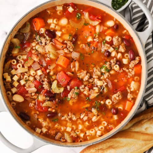pot of Pasta Fagioli with a loaf of bread