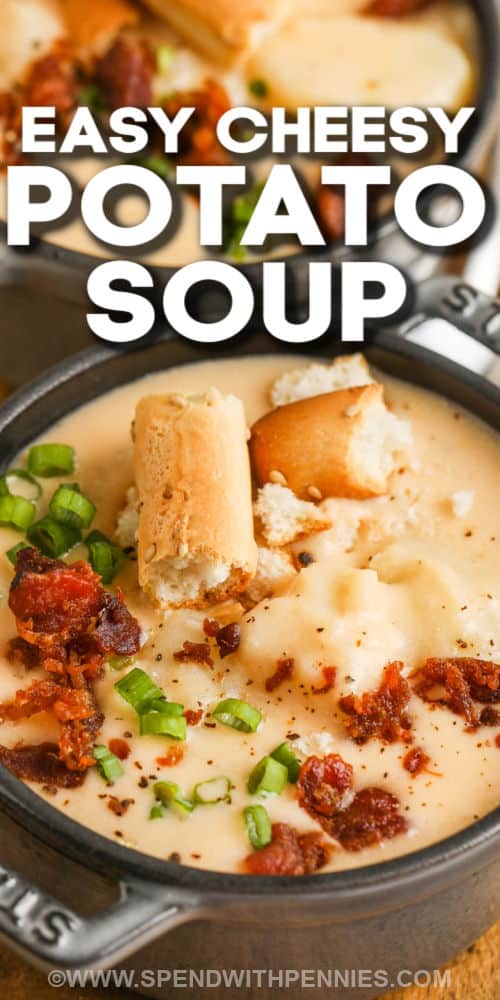 There's nothing quite like a bowl of cozy, comforting soup on a cold day! This easy-to-make soup recipe is the perfect meal to warm up the family, whether it's for lunch or dinner. Add some ham, bacon, or chicken to the mix, or go for broccoli and mushrooms for a vegetarian version. Pair it with a simple salad and some crusty garlic bread and dinner is served! #cheesypotatosoup #cheesypotatosouprecipe #easy #spendwithpennies plated Cheesy Potato Soup with a title