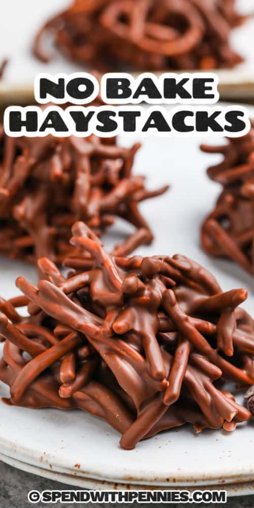 Looking for a fun and easy treat to make for the holidays, then look no further than this 3 ingredient haystacks recipe. Melt butterscotch and chocolate chips and mix in chow mein noodles to make this tasty sweet and crunchy treat! Add in some coconut, your favorite candy, or mix in some melted peanut butter. so many options for this haystack recipe! #haystacksrecipe #butterscotchchocolate #chowmeinnoodles #spendwithpennies plated Haystacks with writing
