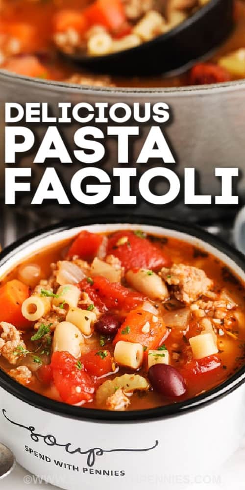 Bowl of pasta fagioli with letters