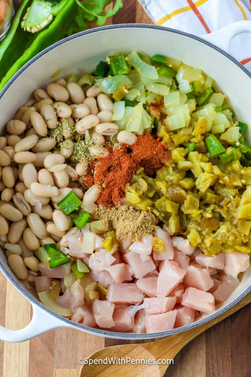 ingredients for white chicken chili in a pot