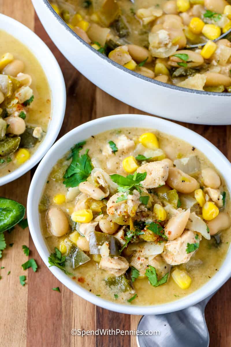 top view of white chicken chili in bowls