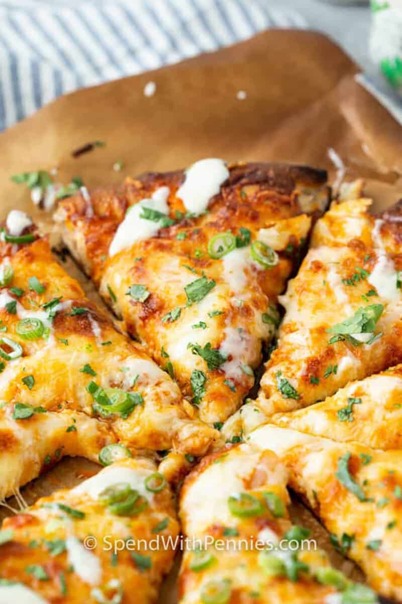 buffalo chicken pizza homemade ranch drizzle melted mozzarella crispy crust spicy bold flavor