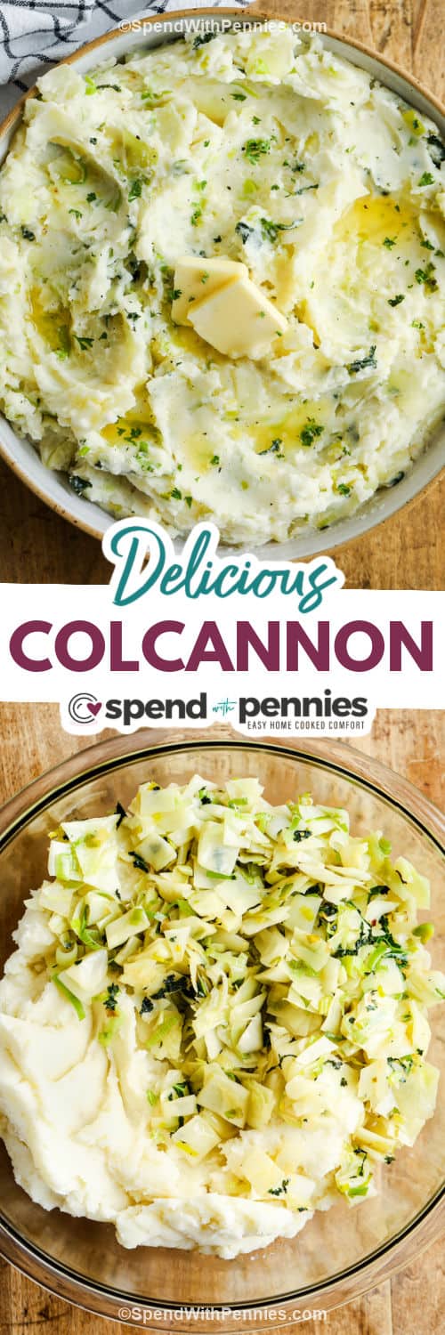 Cabbage and potatoes are the perfect marriage of flavors making this Colcannon Recipe so delicious! Combining the flavors of sweet cabbage, fried onion and creamy mashed potatoes creates a traditional Irish dish that will fill the family and leave them feeling satisfied! #colcannon #mashedpotatoes #cabbage #cabbageandbacon #spendwithpennies ingredients to make Colcannon Recipe in a bowl and plated dish with a title