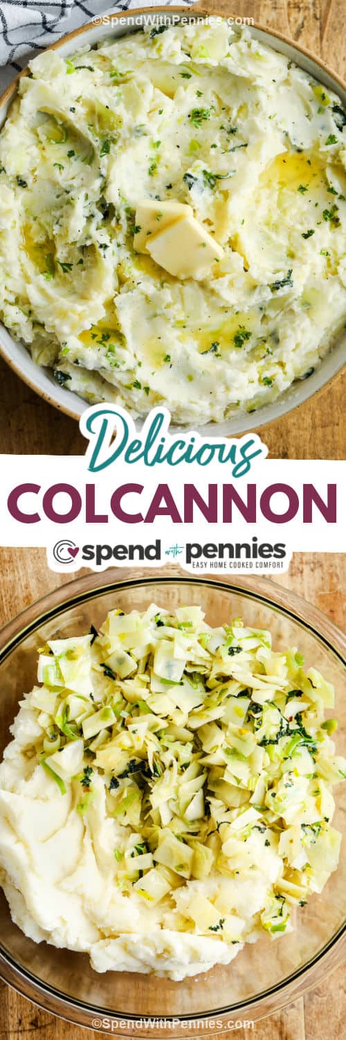 ingredients to make Colcannon Recipe in a bowl and plated dish with a title