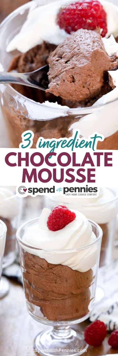 This easy chocolate mousse takes just one minute to make with the help of an instant pudding mix. The cocoa powder adds extra dark chocolate flavor for a rich and decadent delight! Guests will be impressed by this dessert, and there's no need to tell them just how easy it is to make! #chocolatemousse #easychocolatemousse #besteasymousserecipe #spendwithpennies plated Easy Chocolate Mousse and close up with writing