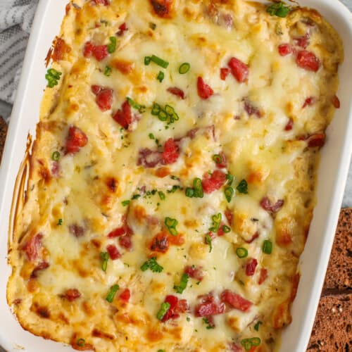Reuben Dip in a white dish