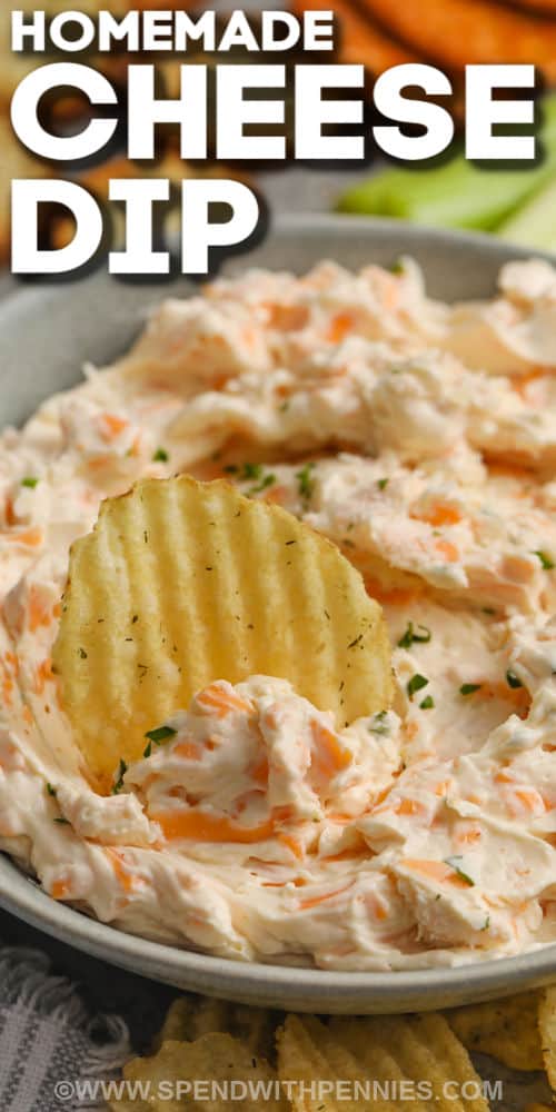 This easy cheese dip is ready in 5 minutes! Made with cream cheese, cheddar cheese, and sour cream it is a simple appetizer that is best served cold. Whip up this homemade dip for last-minute guests and serve with an assortment of chips, crackers, or veggies for an appetizer spread everyone will enjoy! #cheesedip #appetizer #homemade #spendwithpennies plated Easy Cheese Dip with chips and a title