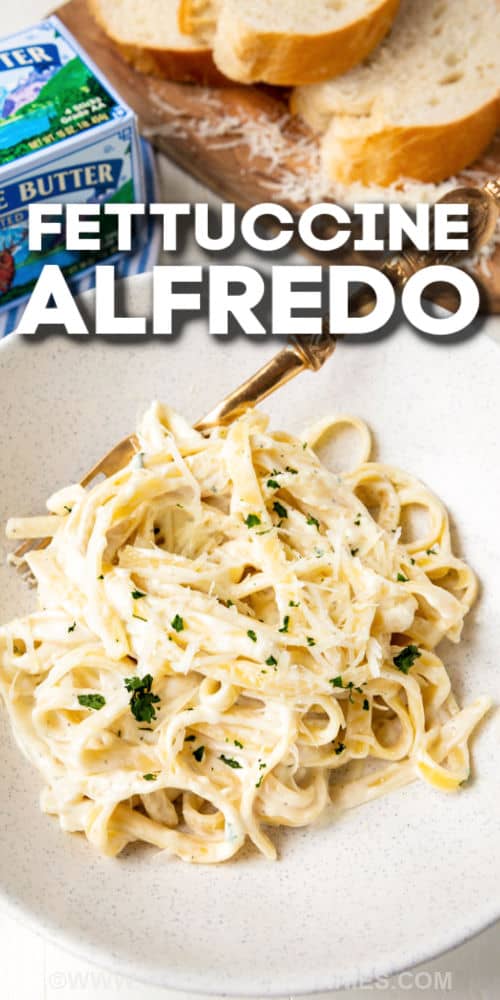 Fettuccine Alfredo on a plate with a title