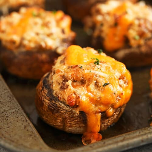 sheet pan with Sausage Stuffed Mushrooms