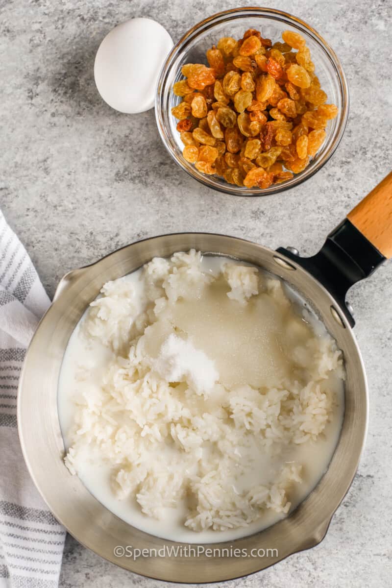 ingredients in pot to make Creamy Rice Pudding.