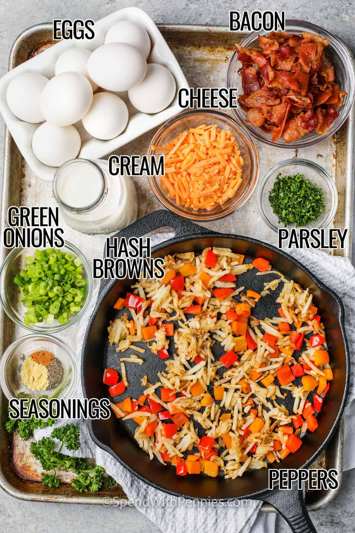 This frittata recipe makes an entree out of a simple egg dish. It's similar to a quiche but without a crust. While quiche is delicious, a frittata is easier, can be lower carb depending on the ingredients, and is every bit as tasty! No fussing with crust, just mix in potatoes or hash browns and bake in the oven until fluffy and the cheese is bubbly. #frittata #frittatarecipe #breakfast #spendwithpennies eggs , bacon , cheese , cream , parsley , green onions , hash browns , peppers an seasonings with labels to show How to Make a Frittata