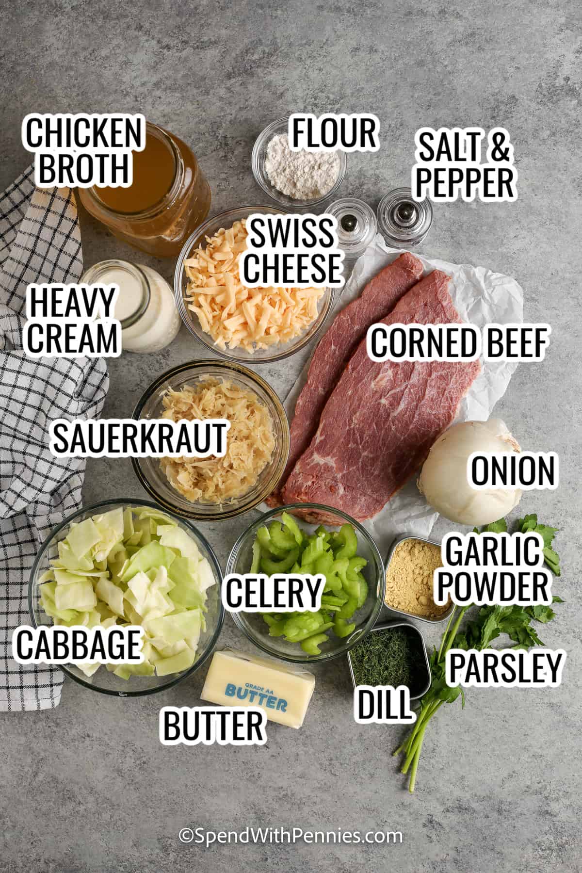 ingredients assembled to make reuben soup, including chicken broth, flour, heavy cream, swiss cheese, sauerkraut, cored beef, cabbage, celery, onion, and butter