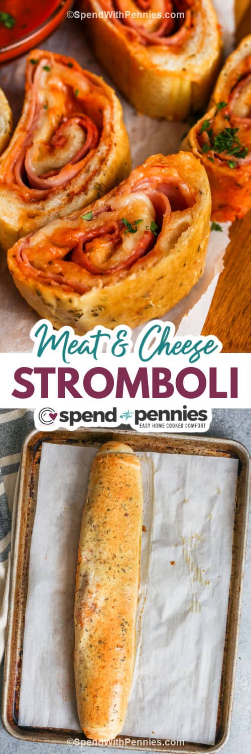 This family-friendly stromboli recipe is made with salami, pepperoni, ham, and plenty of mozzarella cheese. But add any filling you'd like for homemade Italian stromboli, from meats to bell peppers to olives or other vegetables. Just make sure all meats are precooked, and raw vegetables like mushrooms and onions are softened in a pan before adding. #easyhomemaderecipes #italianstromboli #strombolirecipe #spendwithpennies Stromboli Recipe baked on a sheet pan and slices on a platter with a title
