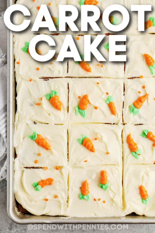 Serve the best carrot cake to family and guests. This recipe has a lot of ingredients, but it is so simple and easy to make. What's even better is that it is so moist, fluffy, and flavorful. With the final cream cheese frosting, it just may become a weekly favorite. #thebestcarrotcake #carrotcakerecipe #carrotcake #spendwithpennies The Best Carrot Cake Recipe baked in the pan with writing