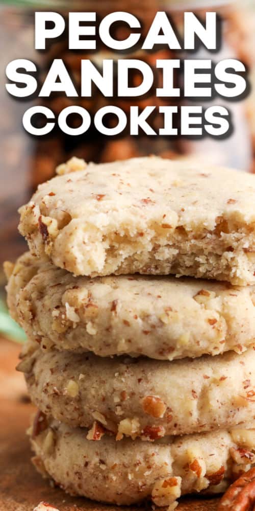 Pecan Sandies are a classic summertime favorite. This tasty recipe can be baked into crispy crunchy shortbread or even used as a pie crust. #pecansandies #cookies #recipe #homemade #spendwithpennies close up of Pecan Sandies with a bite taken out of one and writing