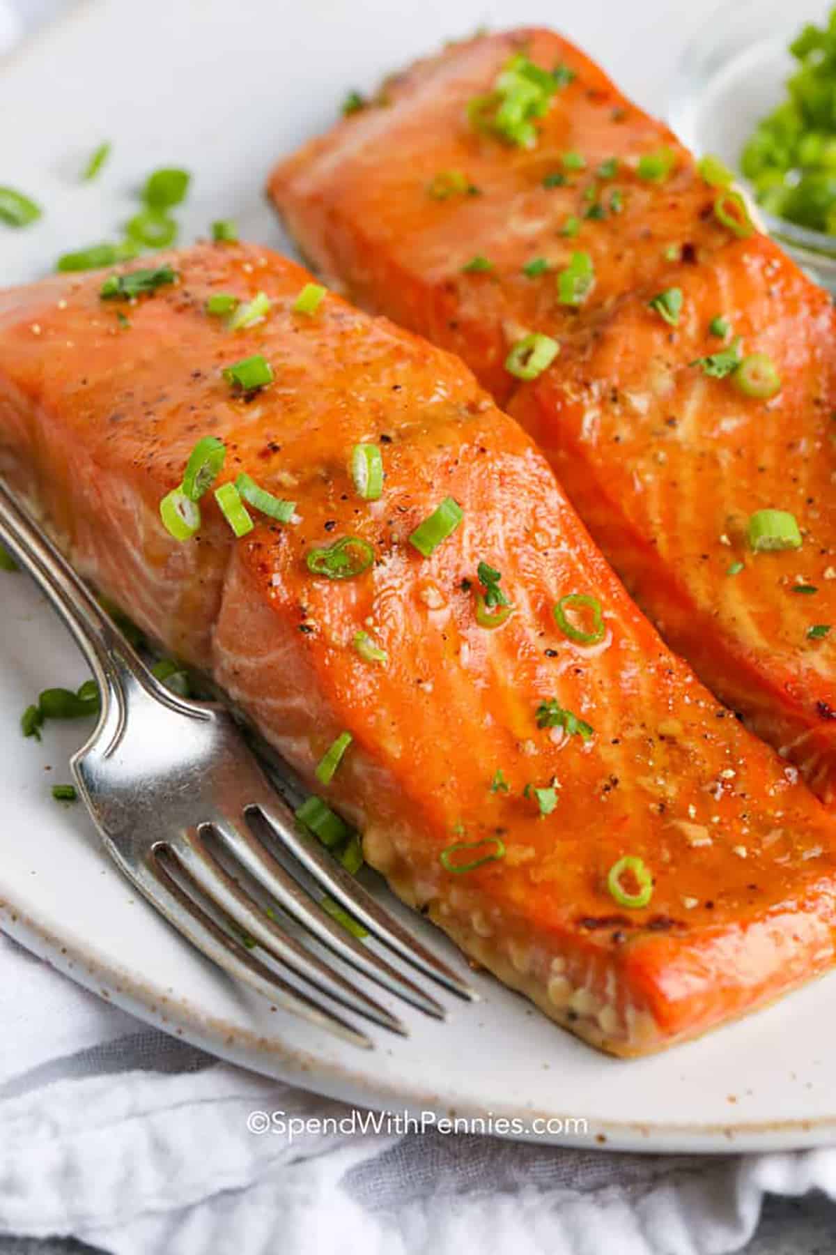 Baked salmon fillets are a great weeknight meal! Made by marinating fresh salmon fillets in a homemade orange glaze, then oven-baked for the perfect flaky texture! #bakedsalmon #salmonmarinade #easyrecipe #spendwithpennies plated Baked Salmon Fillets