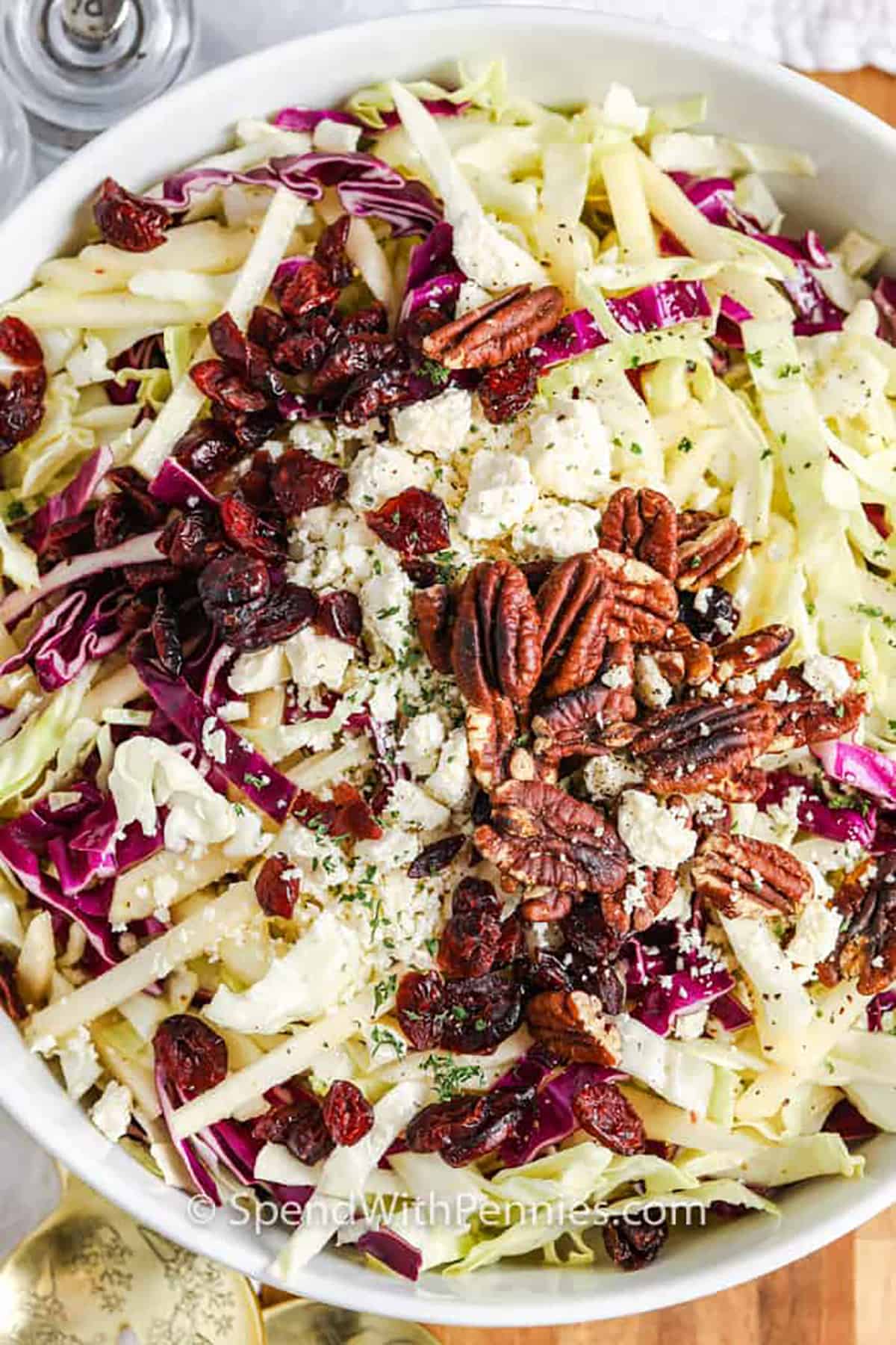 Crisp and colorful, cabbage salad is the perfect complement to any meal. We love bringing it to summer picnics, potlucks, or backyard barbeques. With a sweet & tangy dressing and tons of flavorful veggies, it’s a healthy salad that’s hard to resist! #cabbagesalad #salad #sidedish #spendwithpennies bowl of Cabbage Salad
