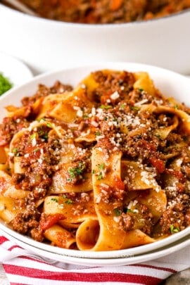 Bolognese sauce with pasta on a plate