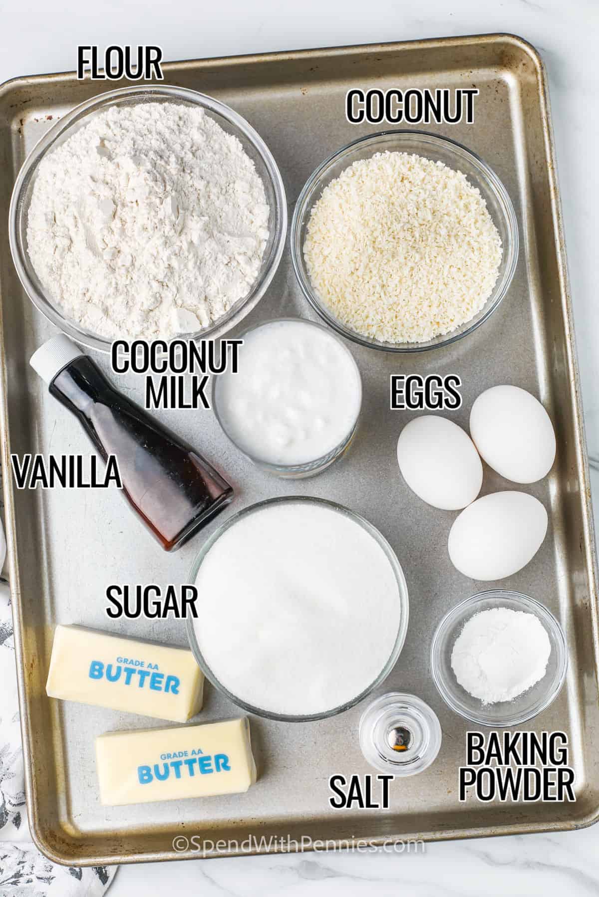 flour , coconut , eggs , coconut milk, vanilla , sugar , salt , butter and baking powder with lyrics to make Coconut Cake