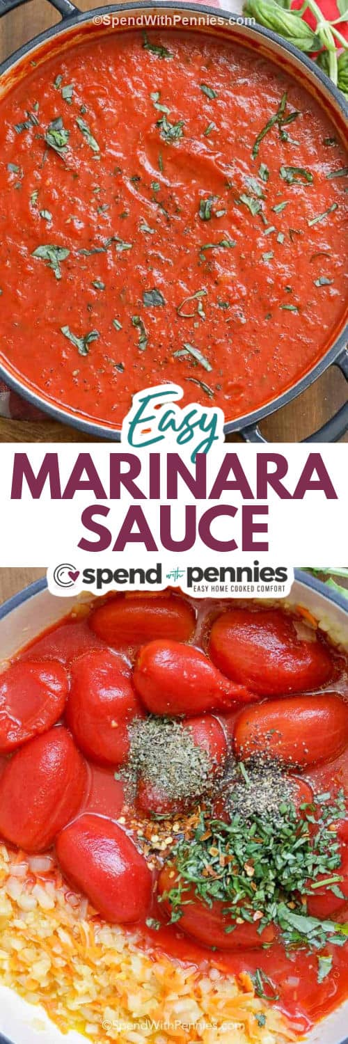 ingredients in a pot to make Easy Marinara Sauce and cooked dish with writing