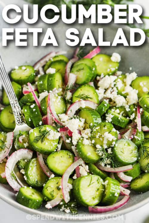 Tangy cucumber feta salad is a crunchy refreshing change of pace from salad greens! Fresh cucumber slices, red onions, feta cheese, and savory herbs are melded together with a coating of zesty vinaigrette dressing. Lemon juice, olive oil, and fresh herbs give bright, fresh flavors to this delicious cooling salad. Toss in radishes, cherry tomatoes, or avocado if you desire. #cucumberfetasalad #cucumberfetasaladrecipes #cucumbersaladvinegar #spendwithpennies close up of Cucumber Feta Salad with a spoon and a title