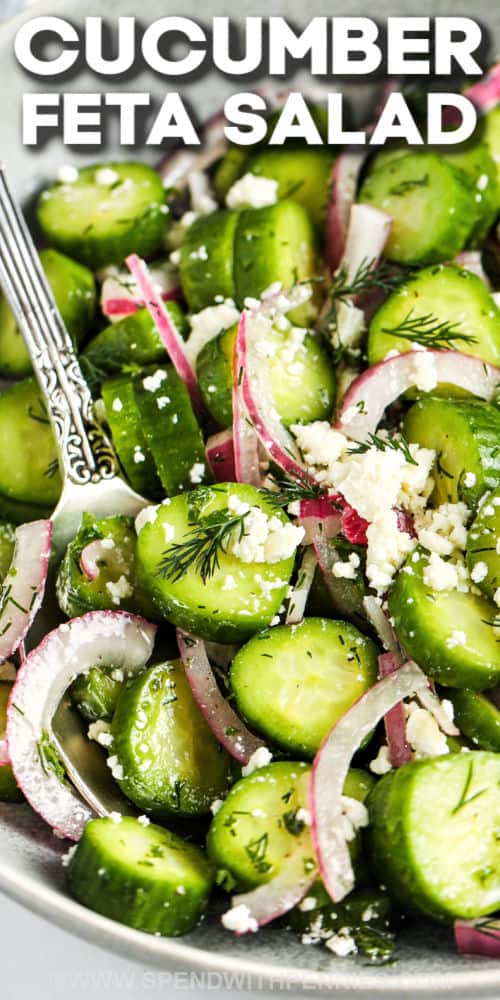 close up of Cucumber Feta Salad with onions and a title