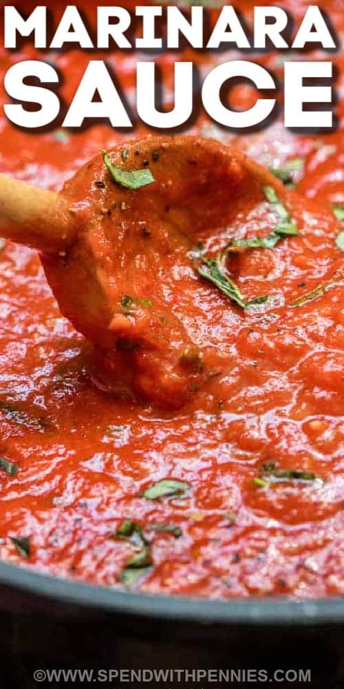 Marinara Sauce is a simple sauce of tomatoes (whole and crushed) with onions and garlic. This pasta sauce is easy to make and perfect to top your favorite pasta or to use in recipes calling for jarred pasta sauce. #marinarasauce #marinara #pastasauce #spendwithpennies mixing Easy Marinara Sauce in the pot with a title