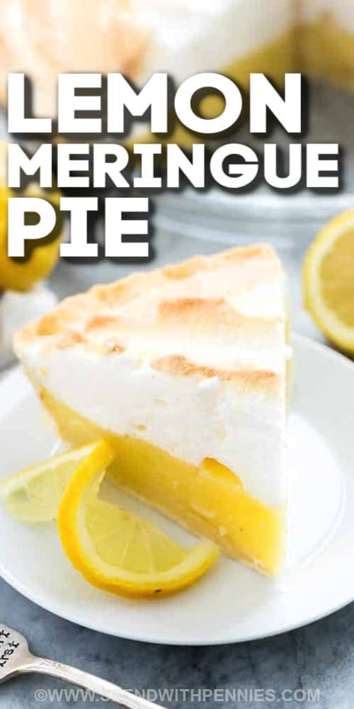 It’s so easy to make delicious homemade lemon meringue pie, and the taste is so rich and buttery, you may never want a store-bought again! A creamy egg and lemon custard fills a buttery pastry crust and is topped with a fluffy cloud of whipped egg white meringue. Lightly bake until golden brown. If pressed for time, you can use Jello lemon pudding or a pre-made crust. #lemonmeringuepie #spendwithpennies #lemonmeringuepierecipe #lemonmeringue plated Lemon Meringue Pie with writing