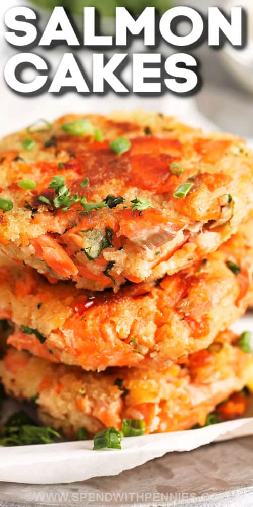 These fresh Salmon Croquettes are baked until golden brown, or fried until golden and crispy! Perfectly crispy on the outside and flavorful on the inside, serve as an appetizer or as a light meal with a simple side salad. They're healthy, yet full of flavor. #salmoncroquettes #baked #easy #salmon #spendwithpennies pile of Salmon Croquettes with a title