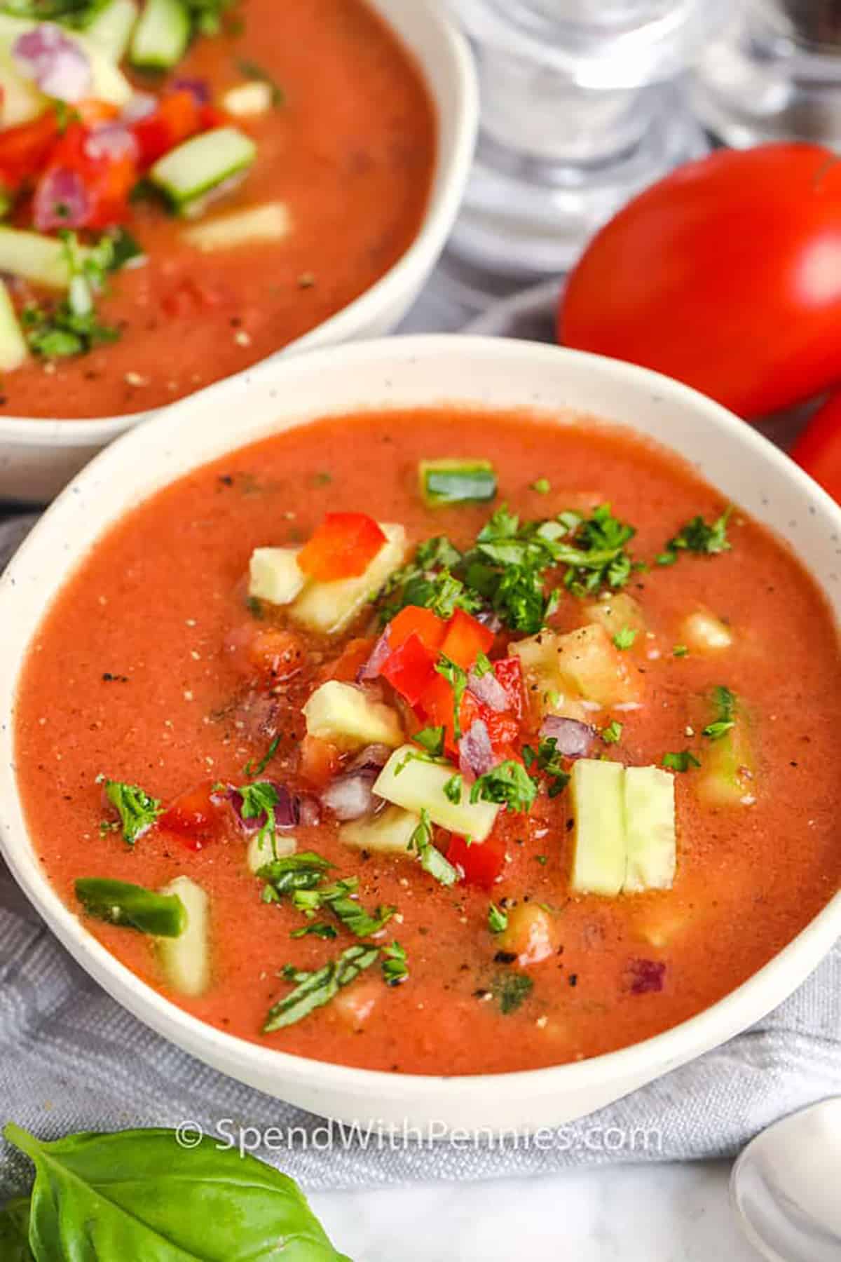 This gazpacho recipe is packed with fresh summer flavors for a refreshing cold soup that's guaranteed to please. Some traditional Spanish versions include a moistened and tossed piece of bread to ensure consistency, but in this recipe it's just packed with fresh veggies and fresh summer flavors! Refreshing, cool and nutritious too! #gazpachorecipe #easycoldsouprecipe #bestspanishrecipe #spendwithpennies Bowls of Easy Fresh Gazpacho with Vegetables