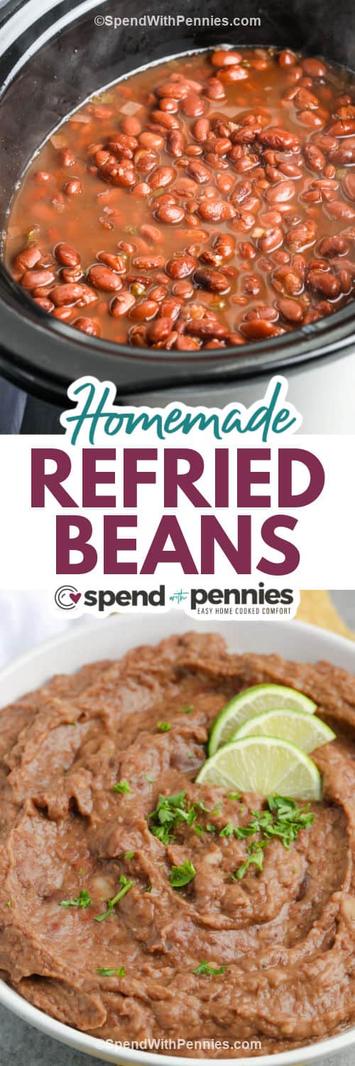 Jalapenos are a must if spiciness is wanted for homemade refried beans. For a milder flavor, remove the inner membrane and the seeds of the pepper. Onion and fresh garlic add an extra boost of savory goodness! It's super easy to make, these slow cooker refried beans, and they are ready when you are! Plus Crockpot refried beans are the perfect side dish to favorite recipes from Mexico. #refriedbeans #homemadecrockpotrecipe #slowcookerrefriedbeans #spendwithpennies ingredients in the slow cooker and plated Homemade Refried Beans with writing