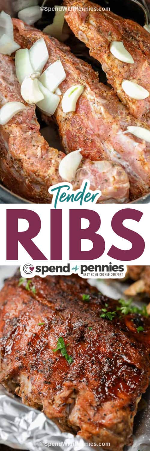 Instant Pot Ribs come take just minutes to prepare. Cook them in the Instant Pot, then add your favorite barbecue sauce or salt and pepper and stick them under the broiler or under the grill to finish them off. They come out perfectly juicy and tender every time! #instantpotribs #ribs #instantpot #spendwithpennnies Instant Pot Ribs in the pot and plated with a title
