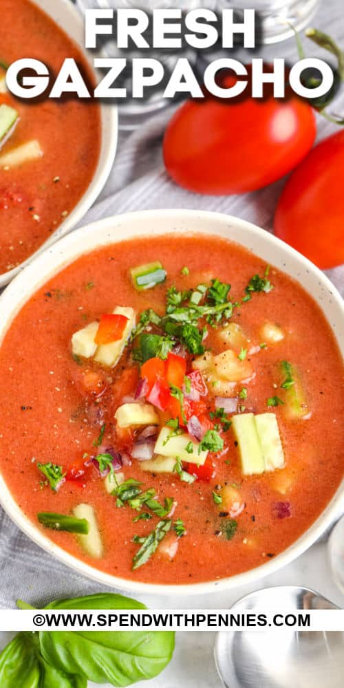 This gazpacho recipe is packed with fresh summer flavors for a refreshing cold soup that's guaranteed to please. Some traditional Spanish versions include a moistened and tossed piece of bread to ensure consistency, but in this recipe it's just packed with fresh veggies and fresh summer flavors! Refreshing, cool and nutritious too! #gazpachorecipe #easycoldsouprecipe #bestspanishrecipe #spendwithpennies Bowls of Easy Fresh Gazpacho with a title